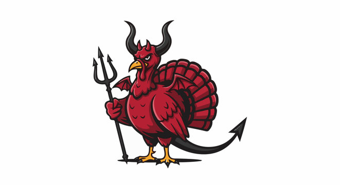 Red devil turkey with horns, wings, tail, and trident