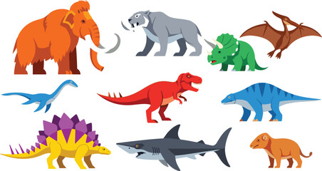 Prehistoric Animals Vector Set Featuring Mammoths, Dinosaurs, and Other Extinct Creatures for Creative Illustrations and Designs © MSTSHAHINA