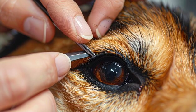 Veterinarian removing ingrown eyelash from dogs eye with tweezers.