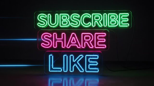 Three vibrant neon signs displaying "SUBSCRIBE", "SHARE", and "LIKE" in green, pink, and blue, against a dark, futuristic background.