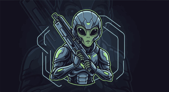 Pixelated alien in futuristic armor holds a complex weapon