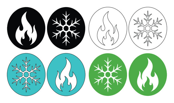 Fire and Ice Vector Icons, a collection of 8 black, white, blue, and green flame and snowflake symbols, perfect for weather apps, climate control, or temperature indicators.