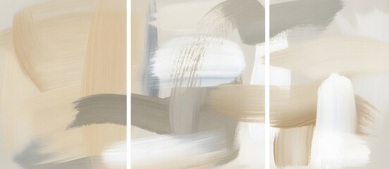 Fototapeta premium Triptych of abstract painting panels with expressive sweeping brushstrokes in neutral beige and gray tones