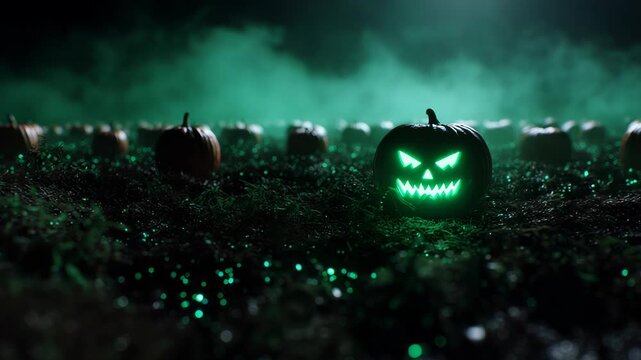 Spooky Glowing Jack-o'-Lantern Pumpkin in Foggy Field at Night