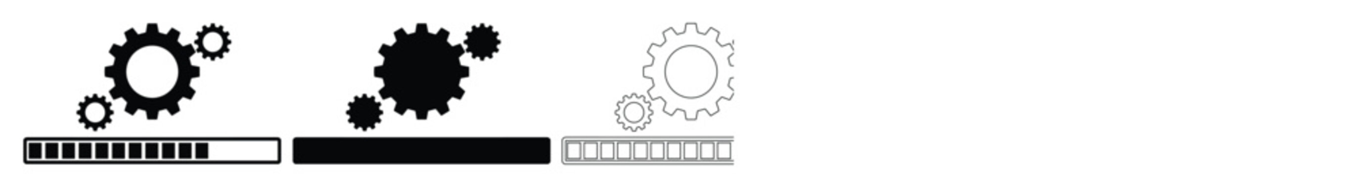Progress Bar Loading Icon Set, black and white vector graphics for UI/UX design. Modern digital interface elements, web development, and mobile app design.