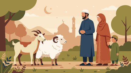 Naklejka premium A conceptual flat design illustration symbolizing the Qurban sacrifice for Eid al-Adha, featuring a stylized animal alongside a Muslim family. This minimalist 2D vector artwork uses a limited color.