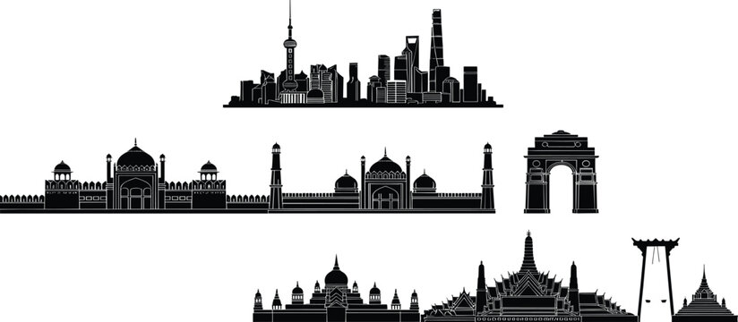 World landmarks collection with Asian temples pagodas Indian monuments Mexico City skyline and St Peters Basilica black vector illustration silhouette set