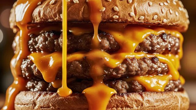 A juicy double cheeseburger with dripping cheese