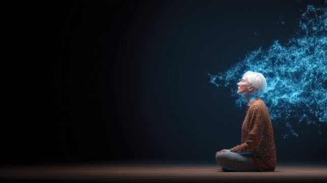A person sits cross-legged with eyes closed, surrounded by a digital blue particle cloud the merging of human and technology in a dark space, Digital Twin Reality AI technology