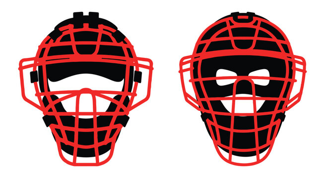 Set of two professional baseball catcher masks in a red and black flat vector illustration style for sports design