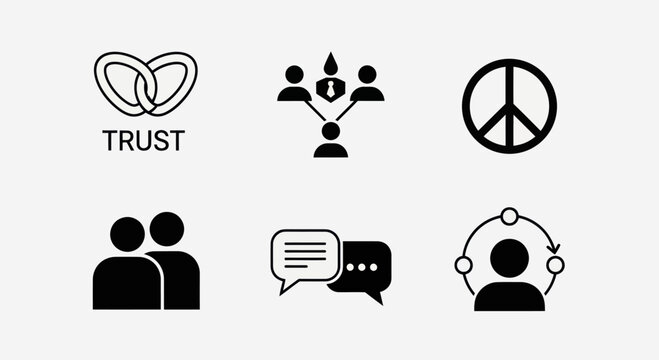 Social Connection Icons: Trust, Teamwork, Peace, Community, Communication, Network