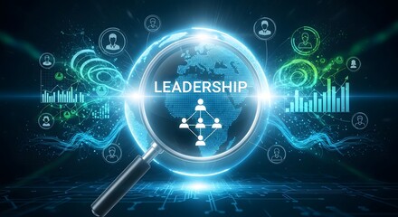 Fototapeta premium Futuristic leadership concept with magnifying glass over digital world globe and networking icons on blue background