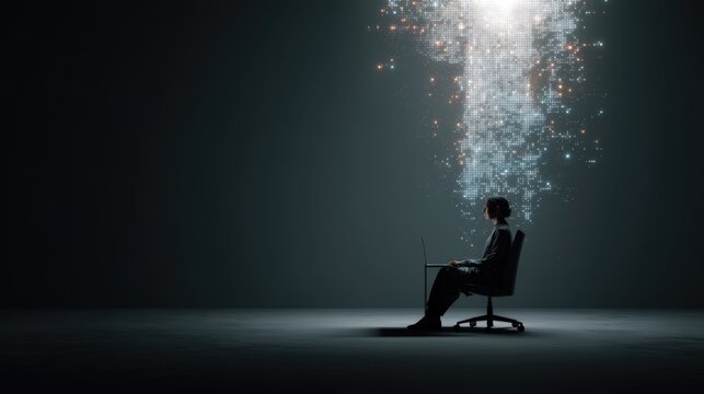 A person sits on a chair working on a laptop, surrounded by a dark space with digital data particles floating upward, Digital Twin Reality AI technology