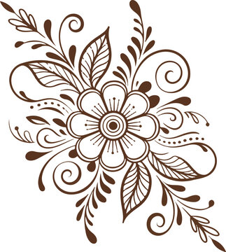 Ornate floral motif with flower and swirling leaves in brown outline on transparent background.