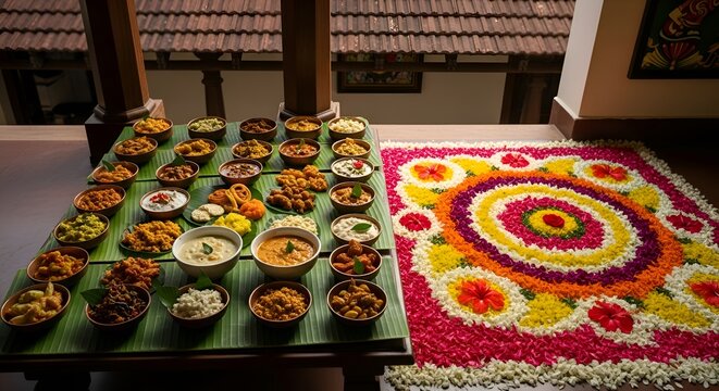 Traditional Kerala Sadya Feast on Banana Leaf with Flower Rangoli