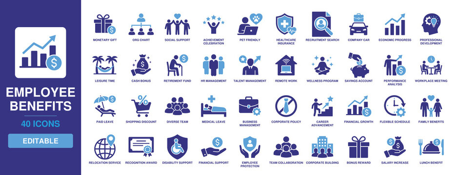 Employee Benefits icon Set featuring Healthcare Insurance, Retirement Fund, Wellness Program, Paid Leave, and Salary Increase for HR and Business Management.