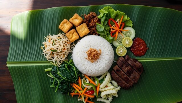 Traditional Indonesian nasi campur dish served on banana leaf.