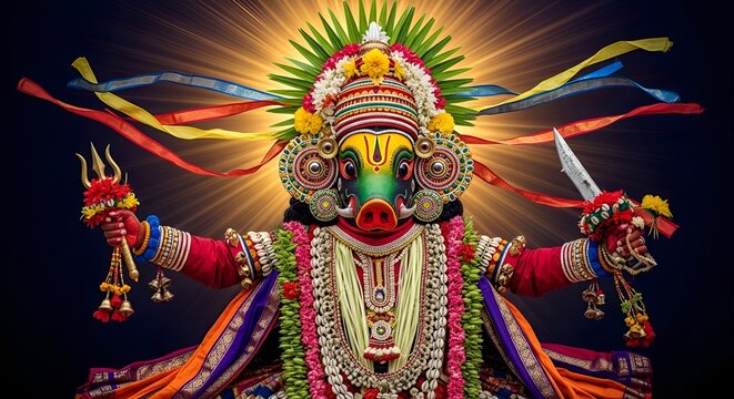 Varaha Avatar Performance: Vibrant Indian Folk Art with Boar Mask and Ornate Costume