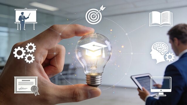 Hand holding lightbulb with graduation cap education icons business man using tablet in background innovation concept learning technology corporate training idea elearning