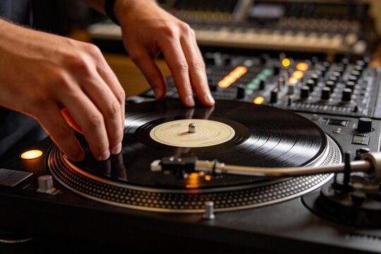 Person operating a vinyl record player