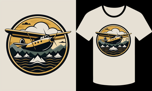 Vintage seaplane badge illustration, retro bush plane flying over mountains and water, circular aviation emblem for t-shirt design and apparel