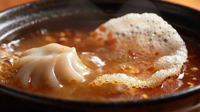 Close up view of a savory dumpling cooking in bubbling red chili broth, inside a dark ceramic bowl.