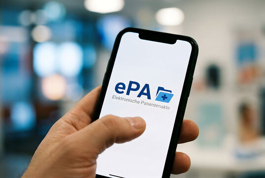 Hand holding smartphone displaying electronic patient record application logo.