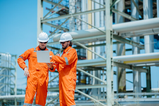 Engineer Professional Worker Survey Inspection Gas Oil Pipe Construction at Petroleum Building