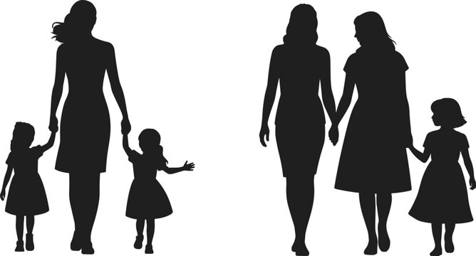 Family silhouette set featuring mother with children and lesbian couple with daughter, holding hands together vector