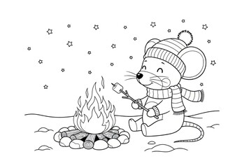 Naklejka premium Mouse roasting marshmallows by a campfire in the snow, a cozy winter scene for seasonal art