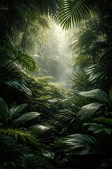 Naklejka premium Lush rainforest with sunlight beams.