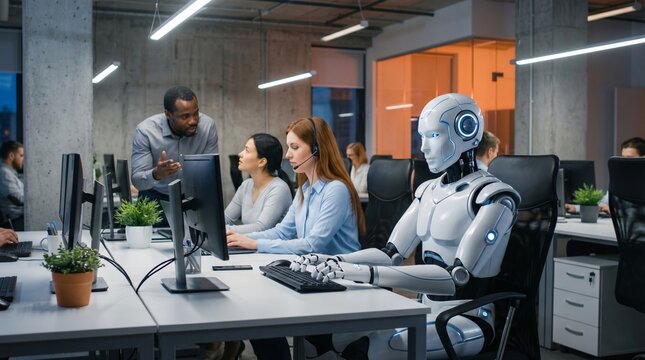 Humanoid Robot Collaborates with Human Colleagues in a Modern Office, Showcasing the Future of Artificial Intelligence and Workforce Integration
