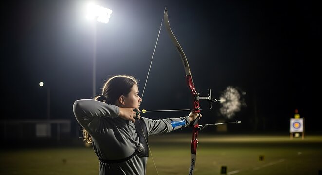 Woman practicing archery at nighttime field.