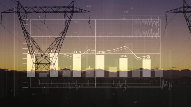 Transmission tower standing at dusk while faint bars initiating overlay and animating power load