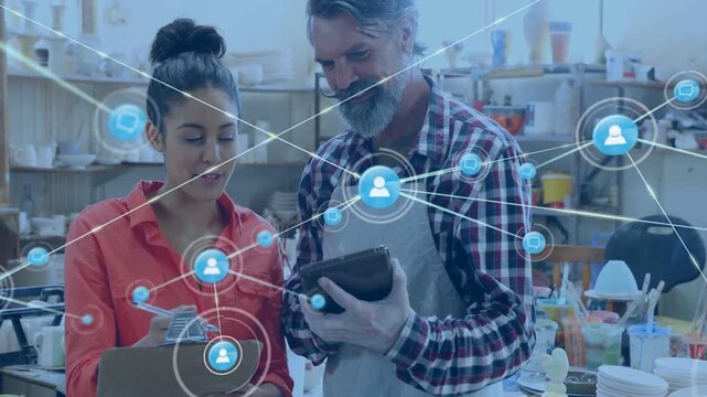 Mentor and apprentice examining pot, HUD node appearing and network nodes connecting to decide