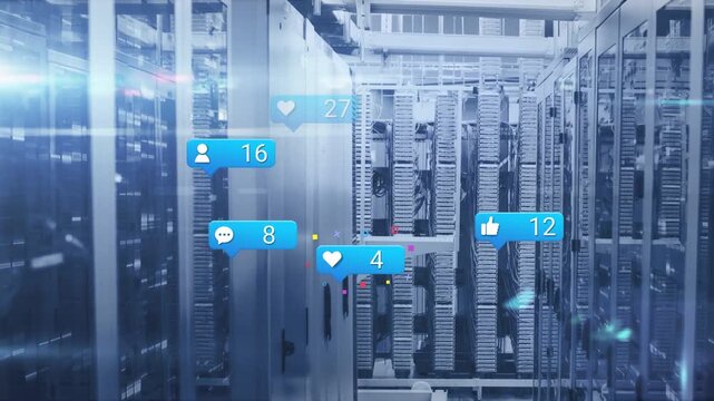One blue bubble appearing in data center racks, spawning floating icons showing counts and load