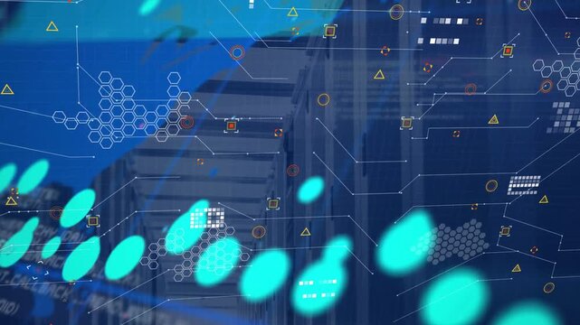 Realtime feed driving tech UI overlaying rack aisle, teal dots updating numbers for monitoring