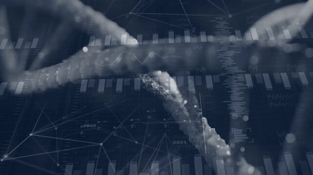 Camera panning DNA double helix rotating, revealing sliding charts and node network for genomics