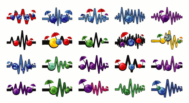 Colorful abstract sound wave and heartbeat illustrations, adorned with playful fruit, berry, and umbrella graphics, ideal for health, music, and wellness designs.