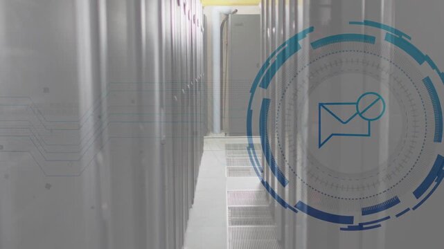 Server aisle displaying envelope HUD and pulsing circuit traces on network alert in data center