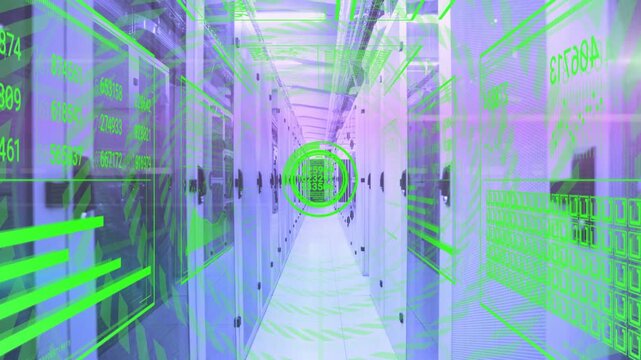 HUD overlay engaging server aisle, reticle pulsing pink scan sweeping then calming for diagnostics