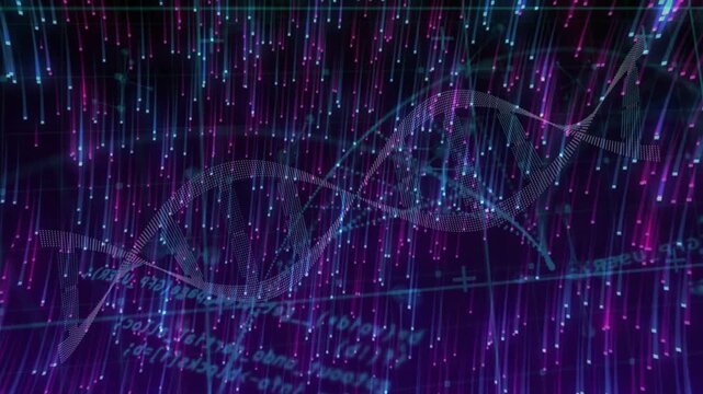 Playback starting, dotted helix pulsing and rotating amid falling lights, visualizing genomic data