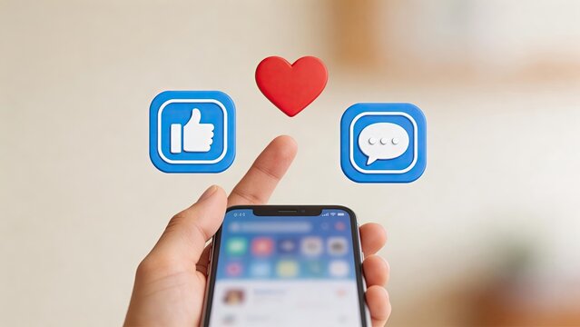 Hand holding smartphone with social media icons like love and comment buttons representing digital engagement online interaction and virtual communication concepts