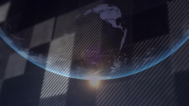 Vertical video: Sunrise flare rising, globe turning, purple maps fading, panels sweeping for design