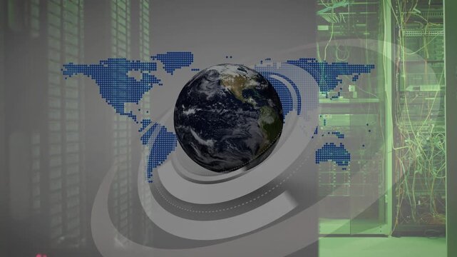 3D Earth globe emerging from dotted map over server racks, rotating rings visualizing IT network