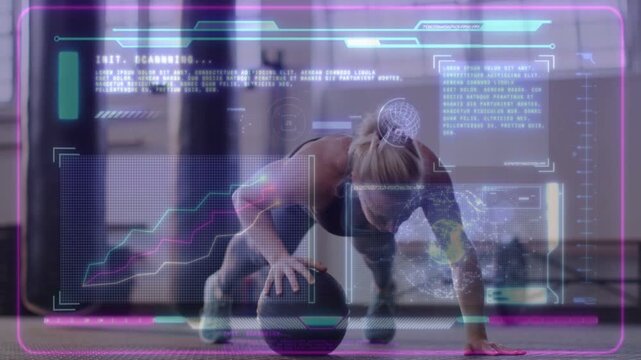 Woman shifting forward performing fitness medball pushups for balance with HUD panels+globe overlay