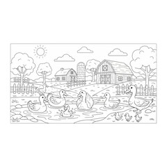 Fototapeta premium Farm scene coloring page with ducks pond and barn line art, countryside