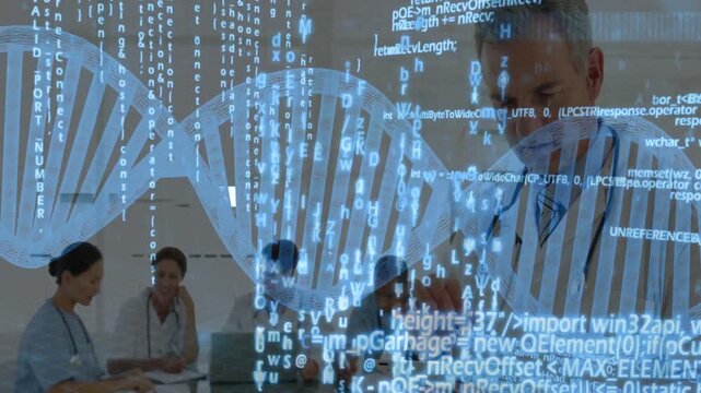 Vertical video: Laptop showing DNA code overlay, team reviewing genomic data, doctor tapping tablet