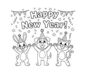 Fototapeta premium Happy New Year with cute animals wearing party hats