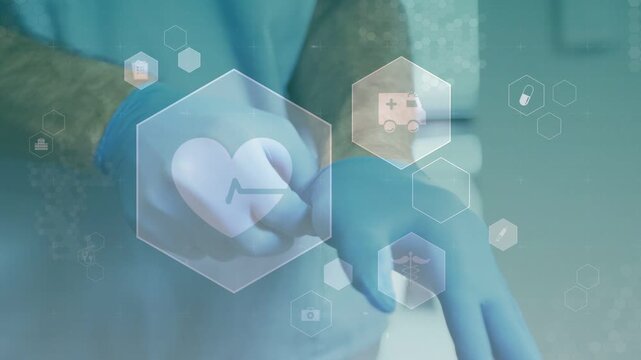 Vertical video: Hands putting on blue gloves while hexagon med icons shifting, preparing procedure